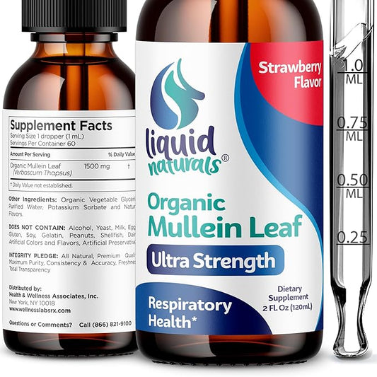 Mullein Drops for Lungs, 2 Fl. Oz, Mullein Leaf Extract for Lungs Strawberry Flavor, Mullien Lung Detox and Cleanse, Mullen Tincture Support for Healthy Breathing