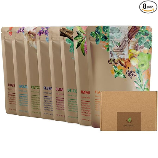 Gardenika Organic Loose Leaf Tea Sampler – 8 Pack, 1 LB – Herbal and Naturally Caffeine-Free Set - Ayurvedic Assortment Blend