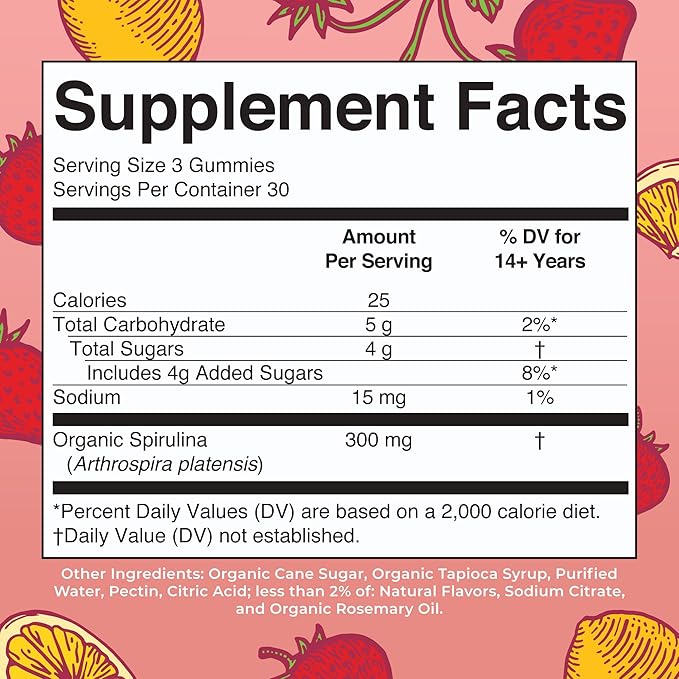 MaryRuth Organics Spirulina Gummies Made with Organic Spirulina | Superfood Gummies for Ages 14+ | Vegan | Non-GMO | 90 Count