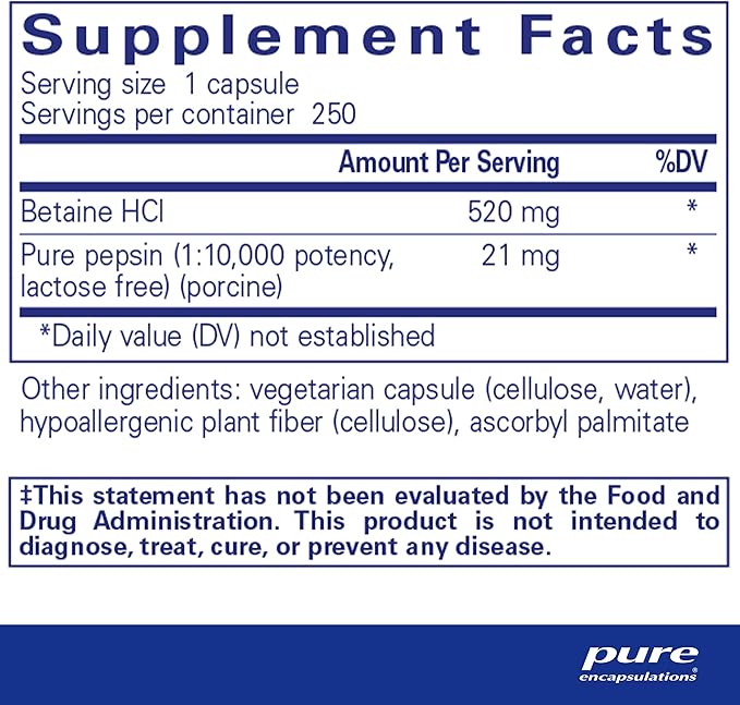 Pure Encapsulations Betaine HCl Pepsin - Digestive Enzymes Supplement for Digestion Aid & Support, Stomach Acid & Nutrient Absorption* - with Betaine HCl Pepsin - 250 Capsules