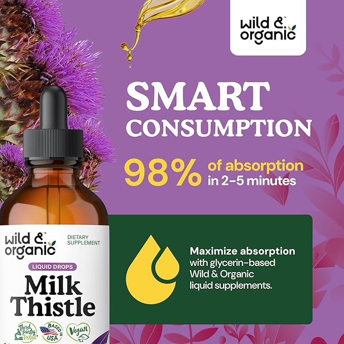 Wild & Organic Milk Thistle Liquid Drops - Liver Cleanse Detox - Silymarin Milk Thistle Supplement for Liver Support - Silybum Marianum Seed Extract Tincture - Vegan, Sugar & Alcohol-Free - 4 fl oz