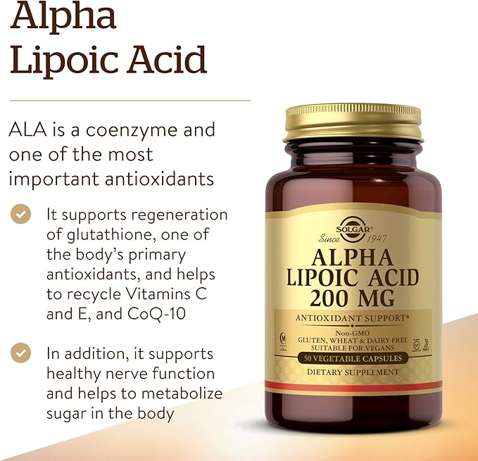Solgar Alpha Lipoic Acid 200 mg, 50 Vegetable Capsules - Antioxidant Support - Helps to Recycle Glutathione, Vitamin C & E, CoQ-10 - Non-GMO, Vegan, Gluten Free, Dairy Free, Kosher - 50 Servings