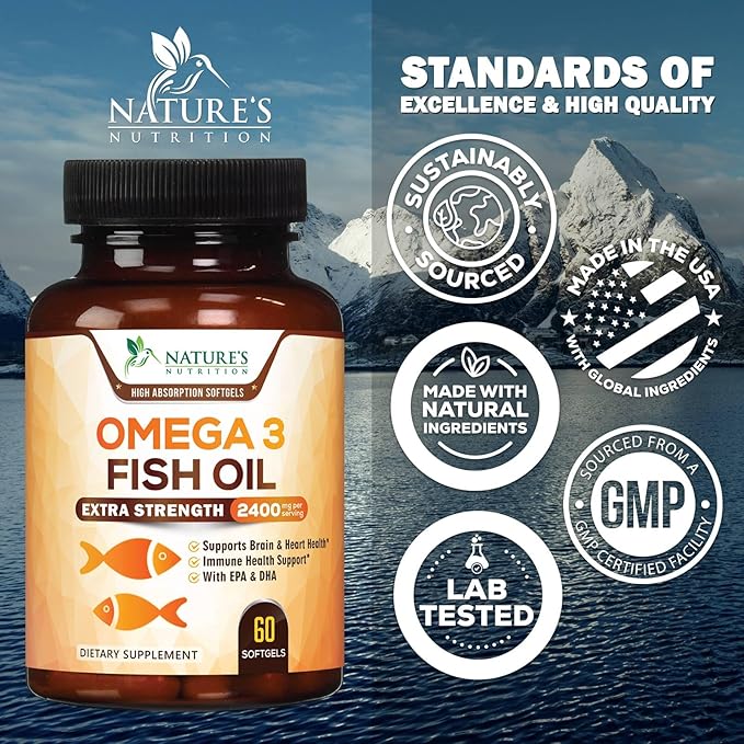 Triple Strength Omega 3 Fish Oil - 2400 mg Natural Omega-3 Supplements Support Brain, Heart & Joint Health with EPA & DHA Essential Fatty Acids - Lemon Flavor, Burpless, Wild Caught - 60 Softgels