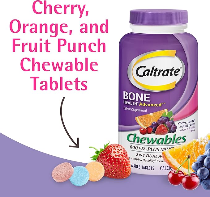 Caltrate Chewables 600 Plus D3 Plus Minerals Calcium Vitamin D Supplement, Cherry, Orange and Fruit Punch - 60 Count (Pack of 2)