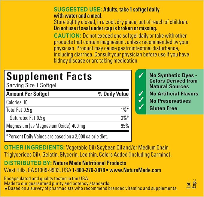 Nature Made Extra Strength Magnesium Oxide 400 mg, Magnesium Supplement for Muscle, Nerve, Bone and Heart Support, 110 Softgels, 110 Day Supply