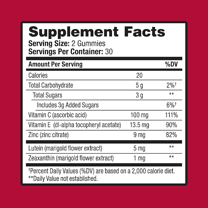 Ocuvite Vitamin & Mineral Supplement for Eye Health Adult Gummies, Contains Lutein & Zeaxanthin, Mixed fruit, 60 Count