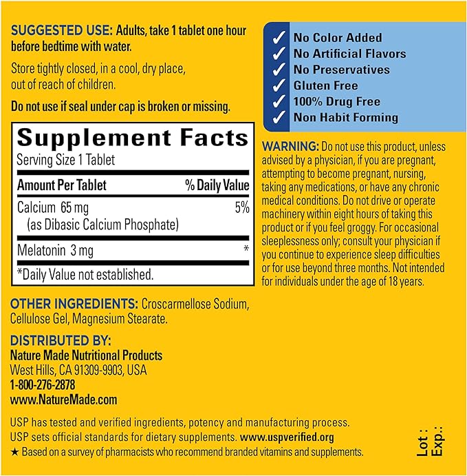 Nature Made Melatonin 3mg Sleep Aids for Adults, 100% Drug Free Sleep Aid, Sleep Supplements, 240 Tablets, 240 Day Supply