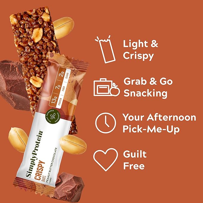 Simply Protein - Peanut Butter Chocolate Crispy Bars - Plant Based Protein Bars - Low Carb, Low Sugar, High Fiber - 13g Protein, 2g Sugar, 7g Fiber - Vegan, Gluten Free, Non GMO, Kosher - 24 Bars