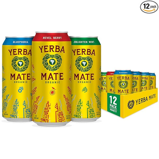 Yerba Madre Organic Yerba Mate, Energy Drink Alternative, Variety Pack, 150mg Natural Plant Based Caffeine, Better for You Energy & Focus, No Jitters or Crash, 15.5 Oz (Pack of 12) (Packaging May Vary)