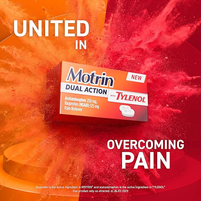 Motrin Dual Action with Tylenol, Ibuprofen & Acetaminophen Fast-Acting Dual Action Pain Reliever for Minor Aches & Pains, Ibuprofen (NSAID) 125 mg & Acetaminophen 250 mg, 120 ct