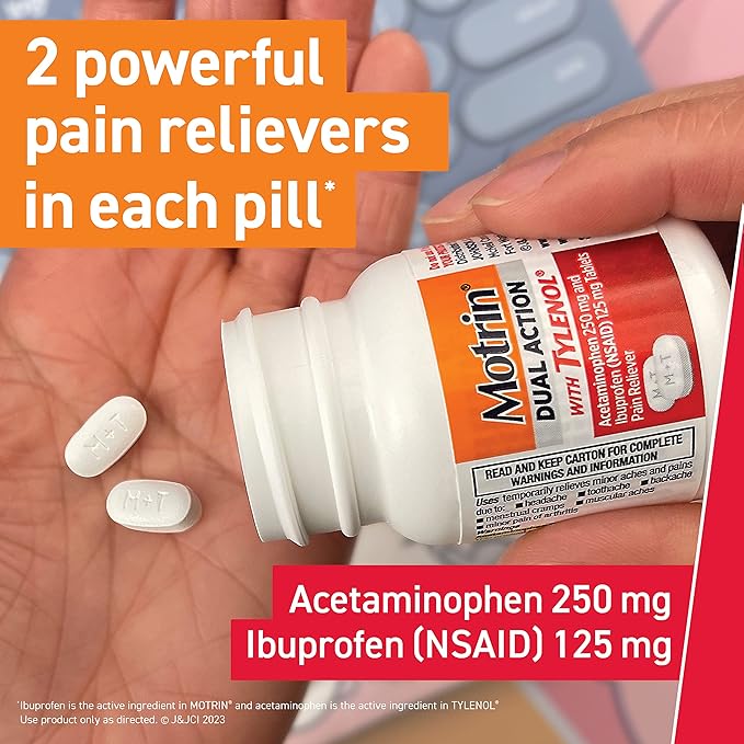 Motrin Dual Action with Tylenol, Ibuprofen & Acetaminophen Fast-Acting Dual Action Pain Reliever for Minor Aches & Pains, Ibuprofen (NSAID) 125 mg & Acetaminophen 250 mg, 120 ct