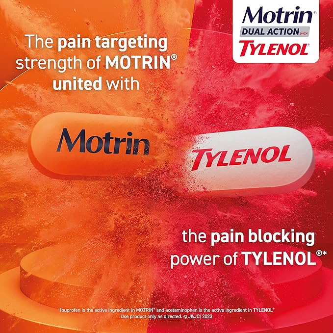Motrin Dual Action with Tylenol, Ibuprofen & Acetaminophen Fast-Acting Dual Action Pain Reliever for Minor Aches & Pains, Ibuprofen (NSAID) 125 mg & Acetaminophen 250 mg, 120 ct